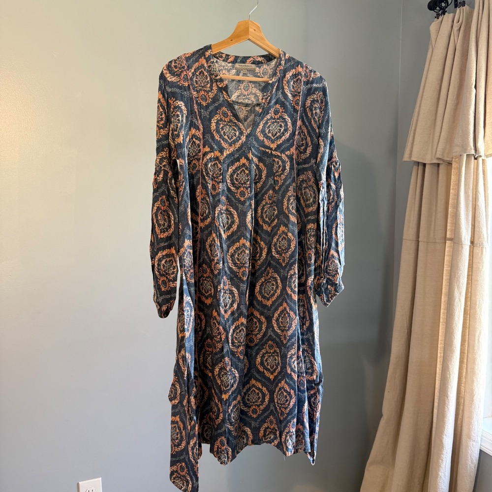 World Market S/M Blue Boho Midi Dress Puff Sleeve V‎ Neck Cotton Lagenlook